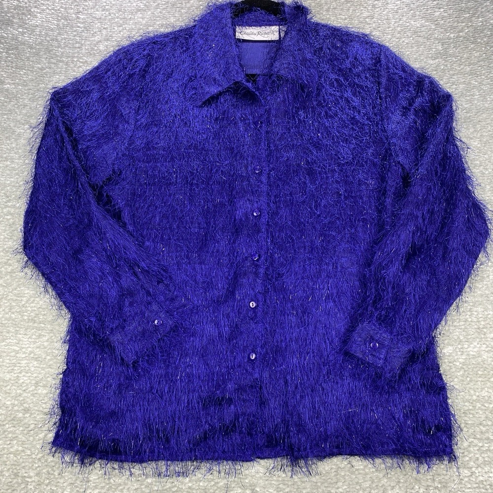 Claudia Richard Women Size S Purple Long Sleeve Button Up Fuzzy Eyelash Shimmer
